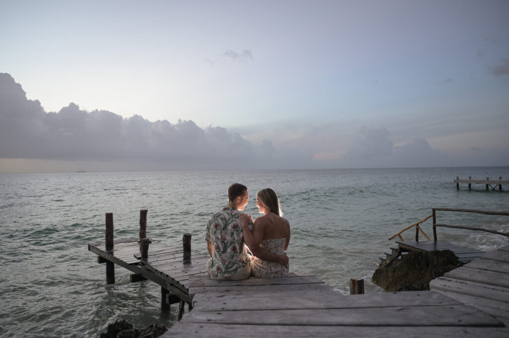 Romantic destination wedding portraits during sunset with soft natural light